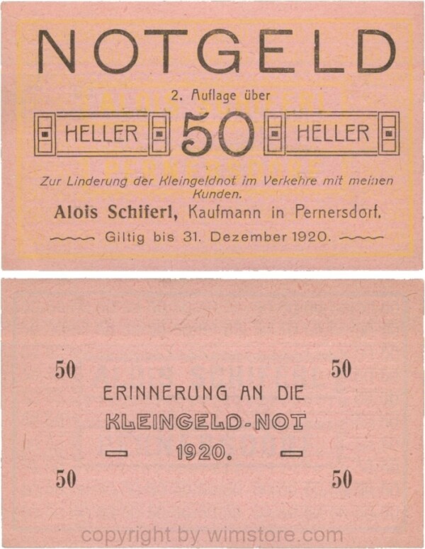 Pernersdorf, P0733IIb, Alois Schiferl, Kaufmann, das "d" in Pernersdorf ist schmal, 50 Heller; 2