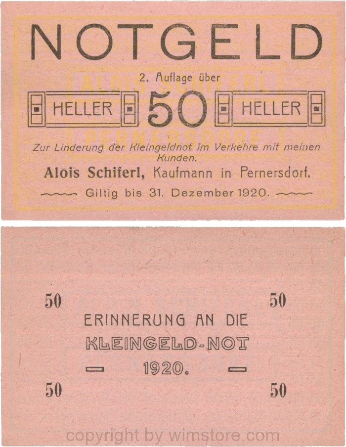 Pernersdorf, P0733IIb, Alois Schiferl, Kaufmann, das "d" in Pernersdorf ist schmal, 50 Heller; 2