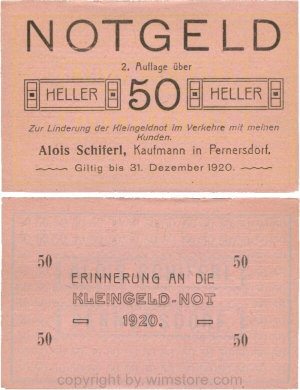 Pernersdorf, P0733IIb, Alois Schiferl, Kaufmann, das "d" in Pernersdorf ist schmal, 50 Heller; 2