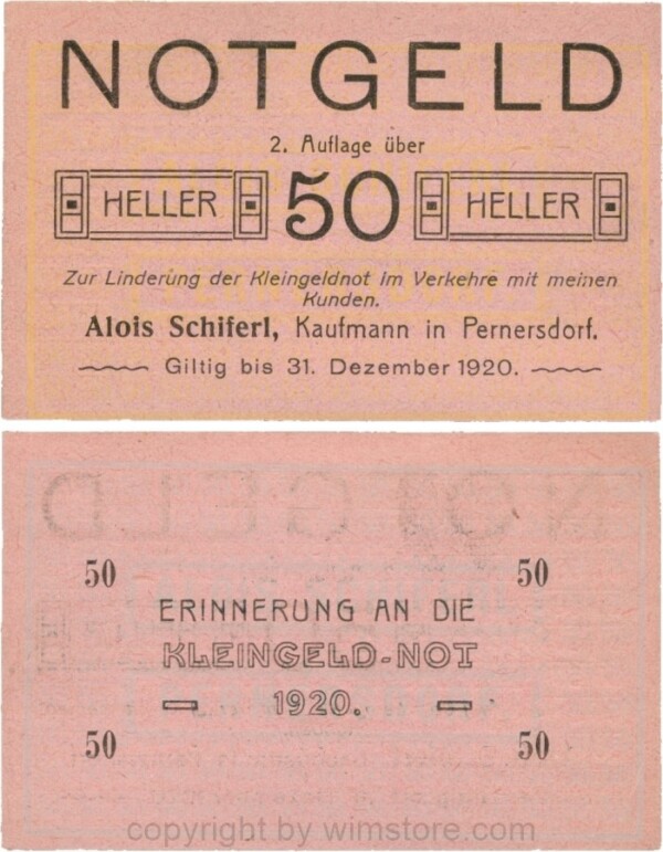Pernersdorf, P0733IIb, Alois Schiferl, Kaufmann, das "d" in Pernersdorf ist schmal, 50 Heller; 2