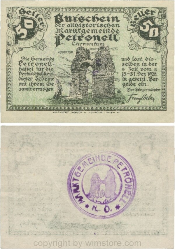Petronell, G0737d, Marktgemeinde, 50 Heller, Gemeindestempel mit Heidentor; 2
