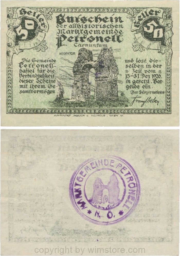 Petronell, G0737d, Marktgemeinde, 50 Heller, Gemeindestempel mit Heidentor; 2