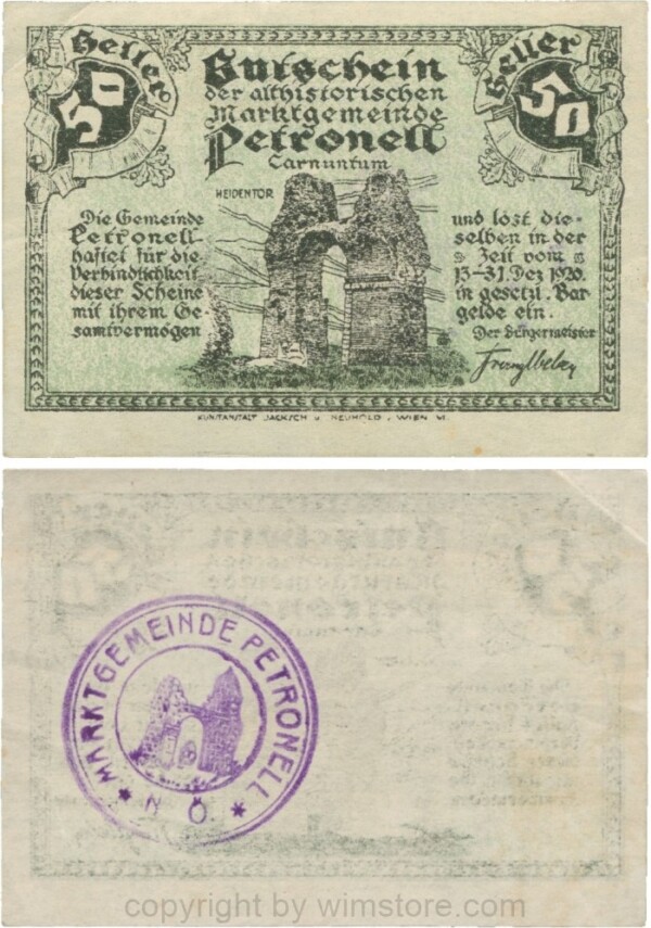 Petronell, G0737d, Marktgemeinde, 50 Heller, Gemeindestempel mit Heidentor; 3