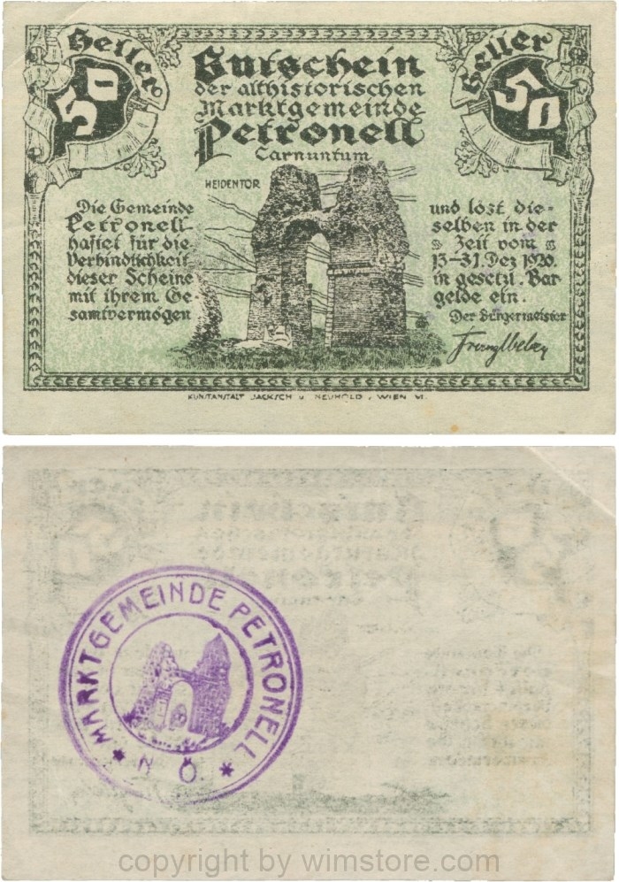Petronell, G0737d, Marktgemeinde, 50 Heller, Gemeindestempel mit Heidentor; 3