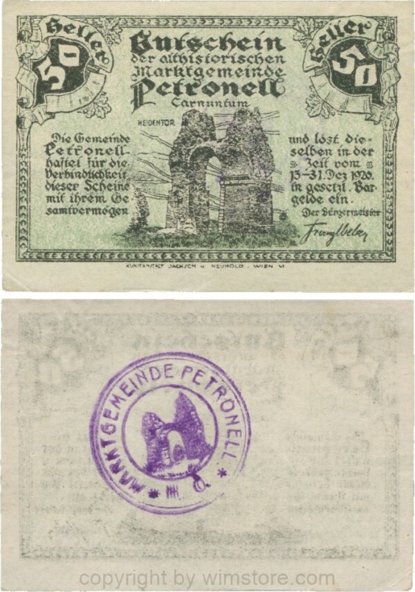 Petronell, G0737d, Marktgemeinde, 50 Heller, Gemeindestempel mit Heidentor; 3