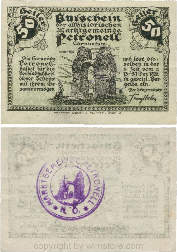 Petronell, G0737d, Marktgemeinde, 50 Heller, Gemeindestempel mit Heidentor; 3