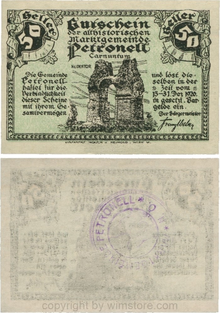 Petronell, G0737d, Marktgemeinde, 50 Heller, Gemeindestempel mit Heidentor; 1-