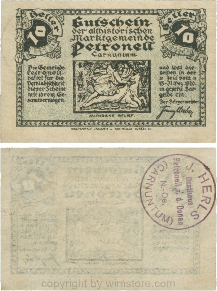 Petronell, G0737f, Marktgemeinde, 10 Heller, schwarzer Firmenstempel "J. HERLS Gasthaus, Udr. annähernd farblos; 1-