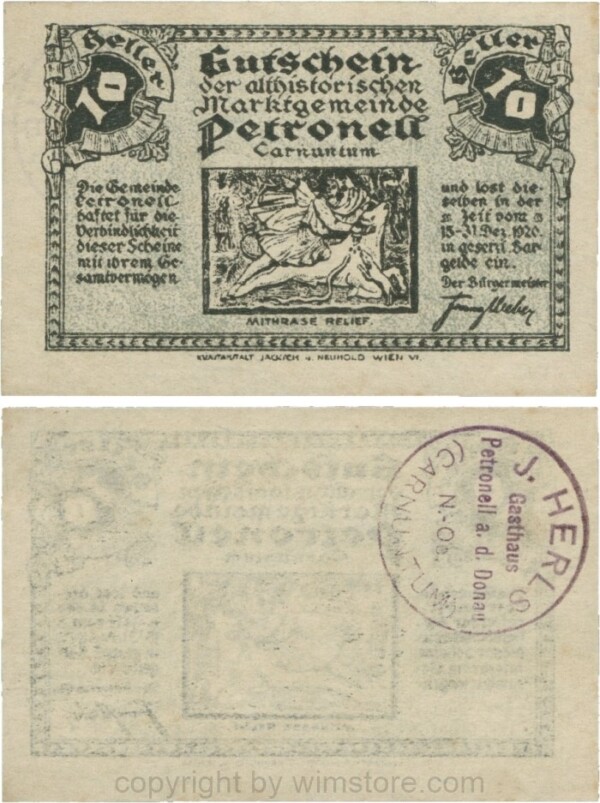 Petronell, G0737f, Marktgemeinde, 10 Heller, schwarzer Firmenstempel "J. HERLS Gasthaus, Udr. annähernd farblos; 1-