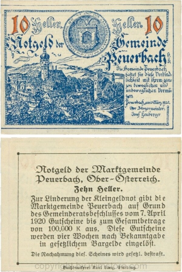 Peuerbach, G0741.1a, Marktgemeinde, 10 Heller, dunkelblau, bei 1920 sind alle Ziffern gleichgroß, am Rahmen der Textseite 4 Punkte, Schein 01; 1
