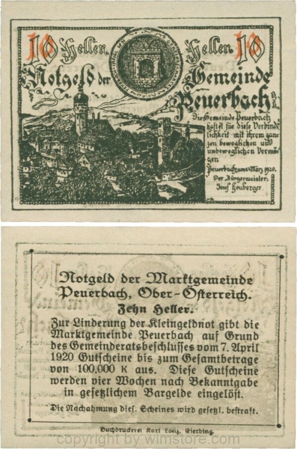 vn100960 Peuerbach, G0741.1d, Marktgemeinde, 10 Heller, schwarz, bei 1920 sind alle Ziffern gleichgroß, am Rahmen der Textseite 4 Punkte, Schein 04, nicht im Katalog, Druck verschoben; 1
