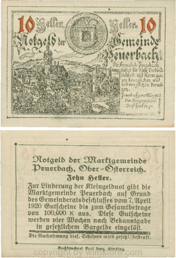 Peuerbach, G0741.1d, Marktgemeinde, 10 Heller, schwarz, bei 1920 sind alle Ziffern gleichgroß, am Rahmen der Textseite 4 Punkte, Schein 04, Balken an der Textseite, nicht im Katalog, 1-