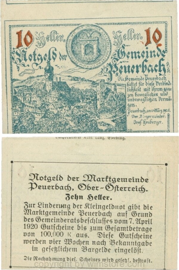 Peuerbach, G0741.1e, Marktgemeinde, 10 Heller, graugrün, bei 1920 sind alle Ziffern gleichgroß, am Rahmen der Textseite 4 Punkte, Schein 05, nicht im Katalog; 1-, verschnitten