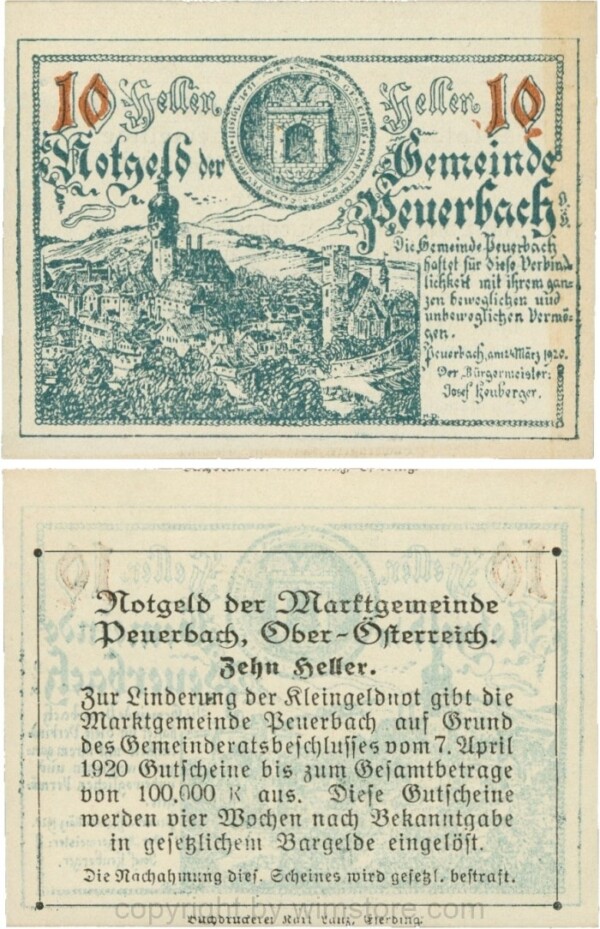 Peuerbach, G0741.1e, Marktgemeinde, 10 Heller, graugrün, bei 1920 sind alle Ziffern gleichgroß, am Rahmen der Textseite 4 Punkte, Schein 05, nicht im Katalog; 1-, vergilbt