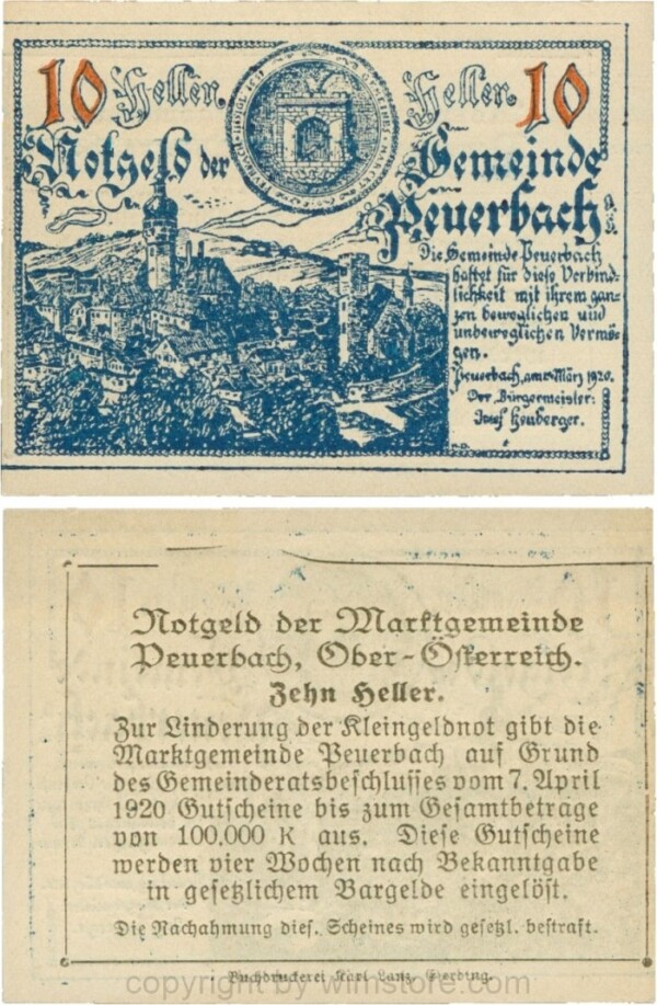 Peuerbach, G0741.1f, Marktgemeinde, 10 Heller, dunkelblau, bei 1920 ist 1 und 0 kleiner, am Rahmen der Textseite fehlt der Punkt rechts oben, Schein 30, Druckfehler im Rahmen; 1