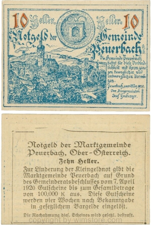 Peuerbach, G0741.1g, Marktgemeinde, 10 Heller, hellblau, bei 1920 ist 1 und 0 kleiner, am Rahmen der Textseite fehlt der Punkt rechts oben, Schein 31, Druckfehler im Rahmen; 1-