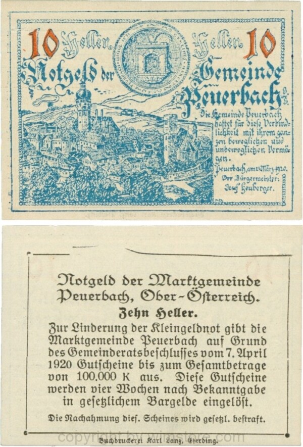 vn100976 Peuerbach, G0741.1g, Marktgemeinde, 10 Heller, hellblau, bei 1920 ist 1 und 0 kleiner, am Rahmen der Textseite fehlt der Punkt rechts oben, Schein 31, Druckfehler im Rahmen; 1-