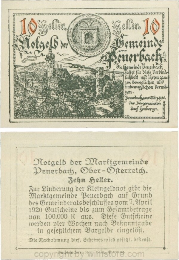 Peuerbach, G0741.1i, Marktgemeinde, 10 Heller, schwarz, bei 1920 ist 1 und 0 kleiner, am Rahmen der Textseite fehlt der Punkt rechts oben, Schein 33; 1