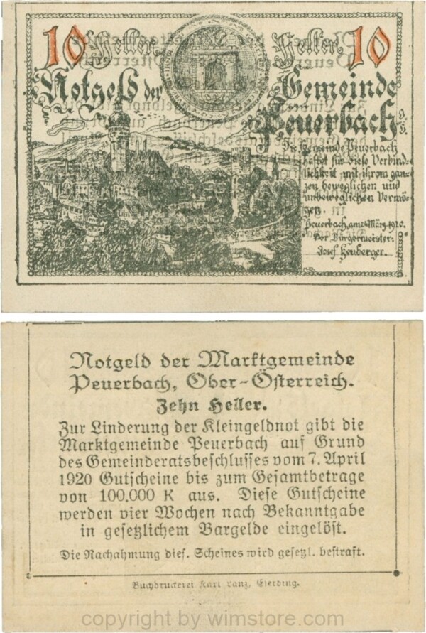 Peuerbach, G0741.1i, Marktgemeinde, 10 Heller, schwarz, bei 1920 ist 1 und 0 kleiner, am Rahmen der Textseite fehlt der Punkt rechts oben, Schein 33, Abklatsch; 1-