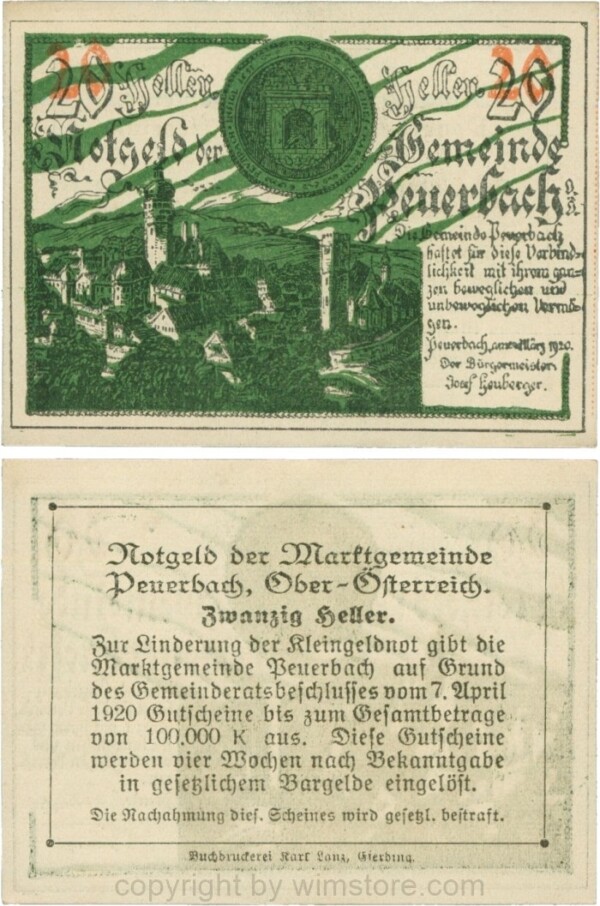 Peuerbach, G0741.1l, Marktgemeinde, 20 Heller, grün, am Rahmen der Textseite 4 Punkte, Schein 12, Druck verschoben; 1