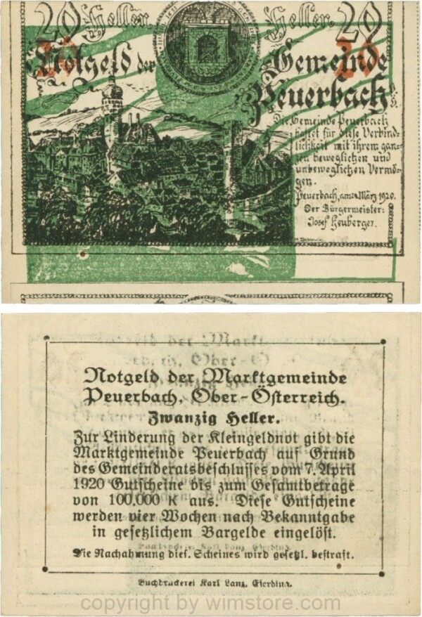 Peuerbach, G0741.1l, Marktgemeinde, 20 Heller, grün, am Rahmen der Textseite 4 Punkte, Schein 12, Druck verschoben; 1