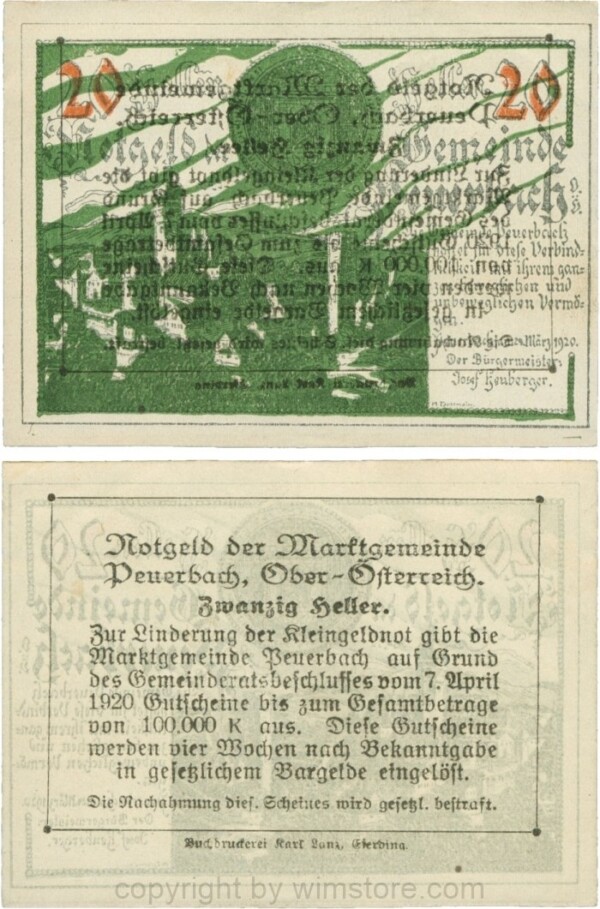 Peuerbach, G0741.1l, Marktgemeinde, 20 Heller, grün, am Rahmen der Textseite 4 Punkte, Schein 12, Durchdruck; 1