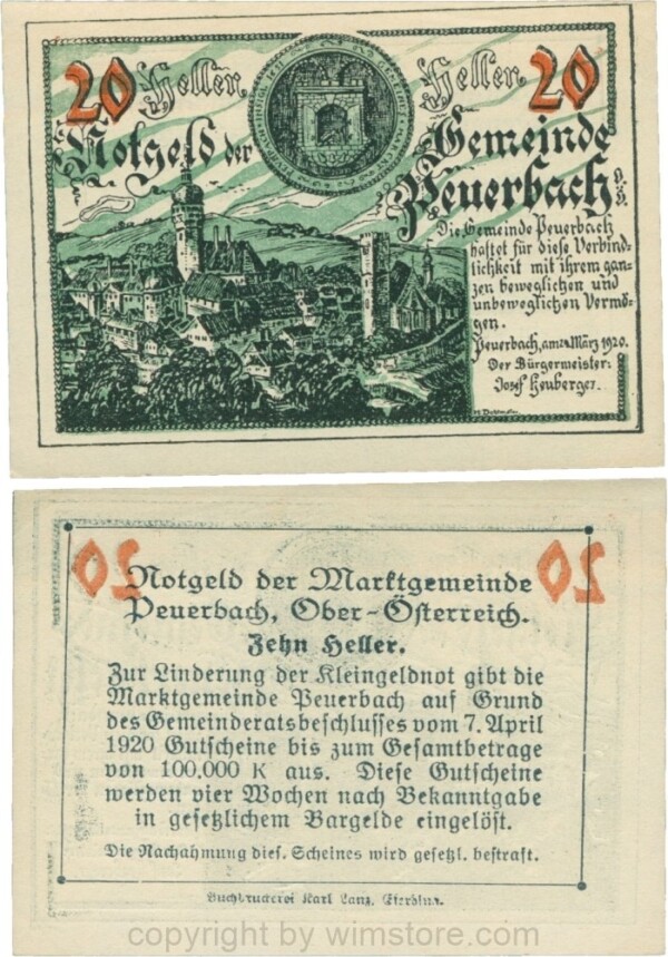 Peuerbach, G0741.1l, Marktgemeinde, 20 Heller, grün, am Rahmen der Textseite 4 Punkte, Schein 12, Farbabweichung und Durchdruck; 1-