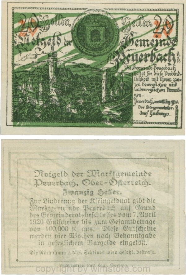 Peuerbach, G0741.1l, Marktgemeinde, 20 Heller, grün, am Rahmen der Textseite fehlen beide obere Punkte, Schein 60, Druck verschoben; 1-
