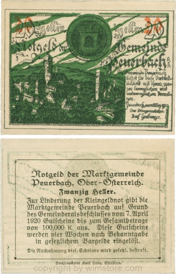 Peuerbach, G0741.1l, Marktgemeinde, 20 Heller, grün, am Rahmen der Textseite fehlen beide obere Punkte, Schein 60, Druck verschoben; 1-