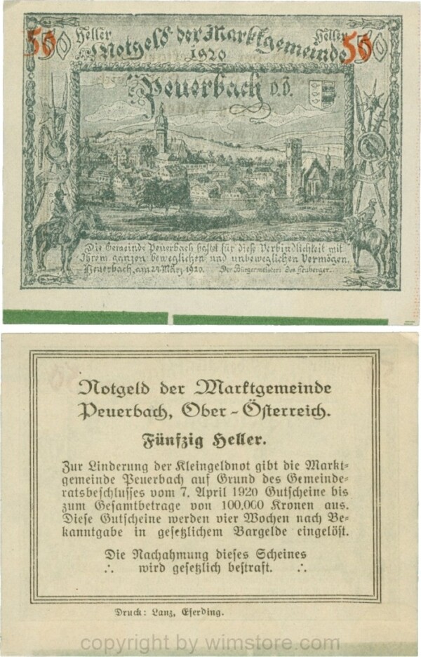 Peuerbach, G0741.1n, Marktgemeinde, 50 Heller, grün, bei 1920 ist die 0 kleiner, leicht zu verwechseln mit schwarz, Druck verschoben; 1-