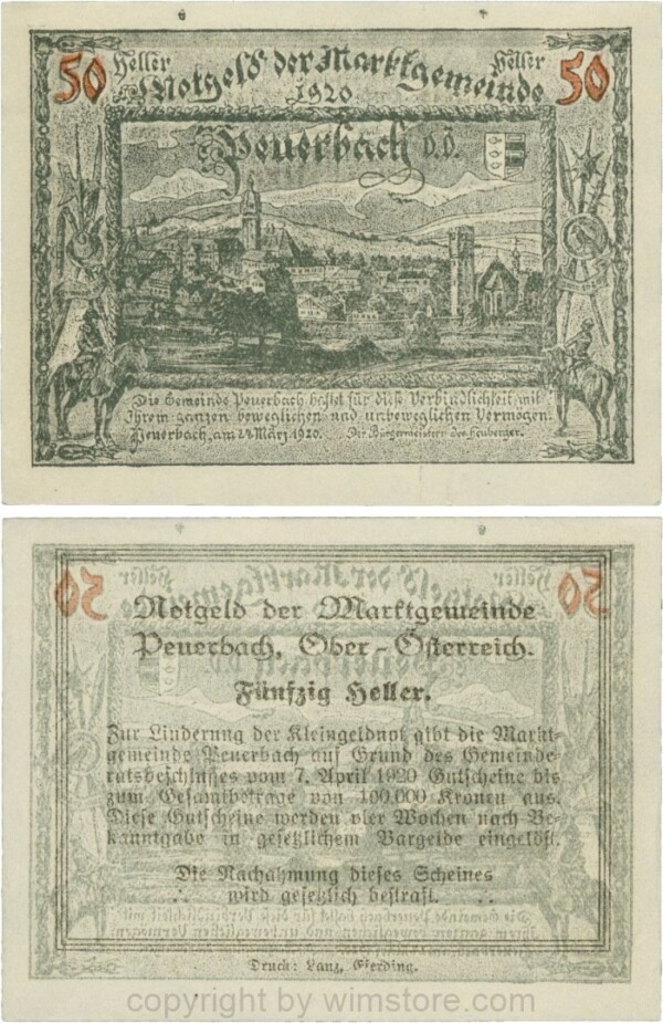 Peuerbach, G0741.1t, Marktgemeinde, 50 Heller, schwarz, bei 100.000 ist die erste 0 kleiner, Durchdruck; 1-
