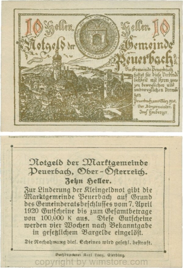 Peuerbach, G0741.1zb (bb), Marktgemeinde, 10 Heller, gold, bei 1920 sind alle Ziffern gleichgroß, am Rahmen der Textseite 4 Punkte; 1
