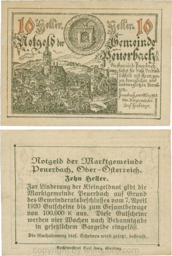 Peuerbach, G0741.1zb (bb), Marktgemeinde, 10 Heller, gold, bei 1920 sind alle Ziffern gleichgroß, am Rahmen der Textseite 4 Punkte; 1-