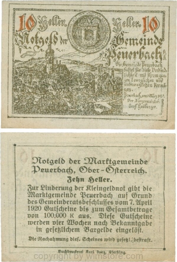 Peuerbach, G0741.1zb (bb), Marktgemeinde, 10 Heller, gold, bei 1920 sind alle Ziffern gleichgroß, am Rahmen der Textseite 4 Punkte; 1-