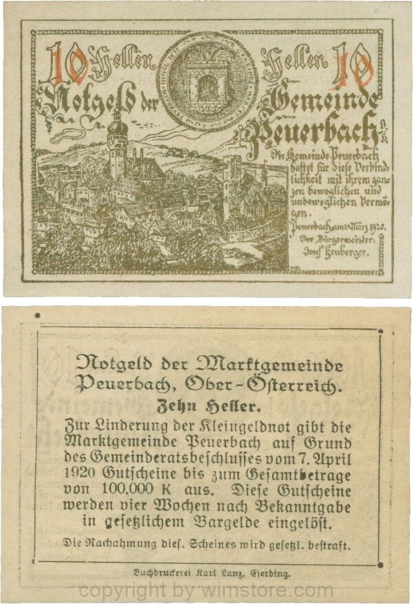 Peuerbach, G0741.1zb (bb), Marktgemeinde, 10 Heller, gold, bei 1920 ist 1 und 0 kleiner, am Rahmen der Textseite 4 Punkte, Druck verschoben; 1