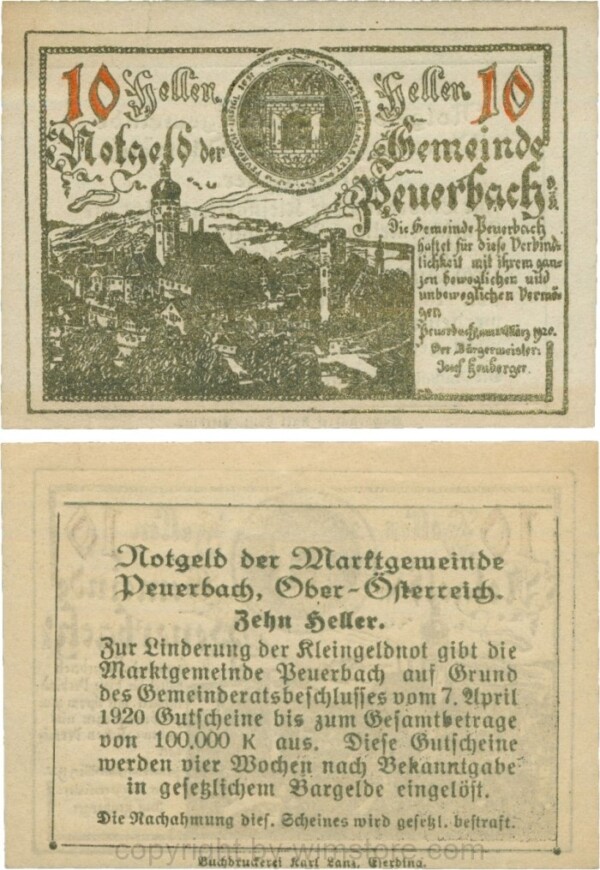 Peuerbach, G0741.1zb (bb), Marktgemeinde, 10 Heller, gold, bei 1920 ist 1 und 0 kleiner, am Rahmen der Textseite fehlen beide obere Punkte; 1-