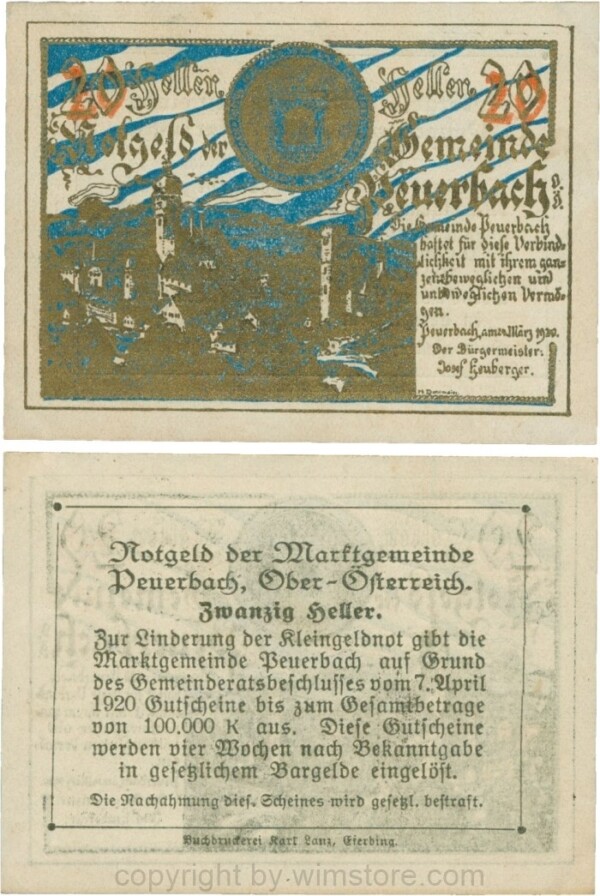 Peuerbach, G0741.1zb (bb), Marktgemeinde, 20 Heller, gold, Udr. blau, am Rahmen der Textseite 4 Punkte, Druck verschoben; 1-