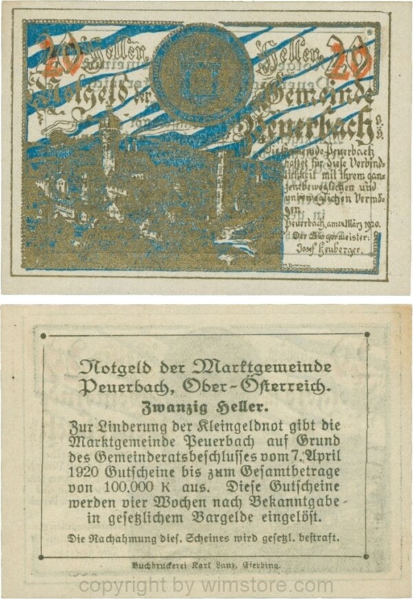 Peuerbach, G0741.1zb (bb), Marktgemeinde, 20 Heller, gold, Udr. blau, am Rahmen der Textseite 4 Punkte, Druck verschoben und Durchdruck; 1-