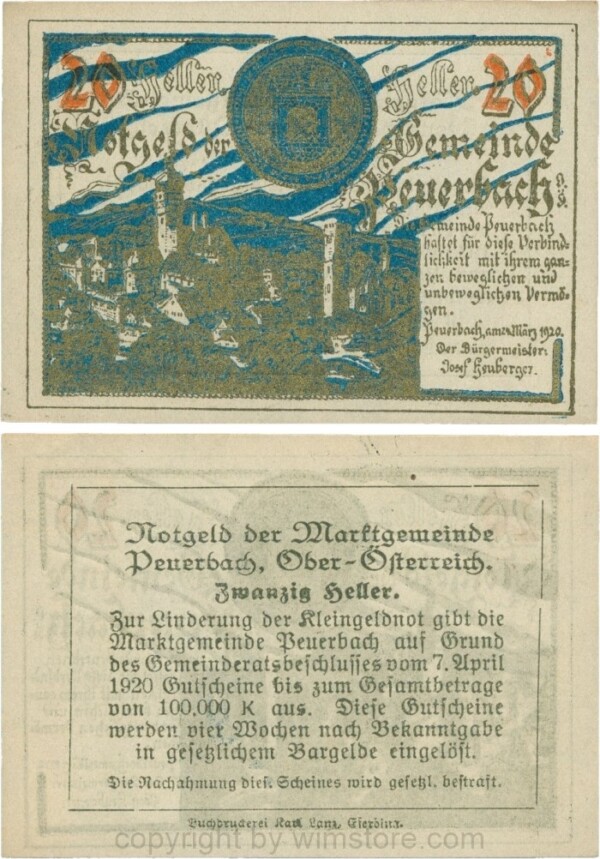 Peuerbach, G0741.1zb (bb), Marktgemeinde, 20 Heller, gold, Udr. blau, am Rahmen der Textseite kein Punkt vorhanden; 1-