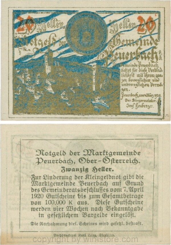 Peuerbach, G0741.1zb (bb), Marktgemeinde, 20 Heller, gold, Udr. blau, am Rahmen der Textseite kein Punkt vorhanden; 1-