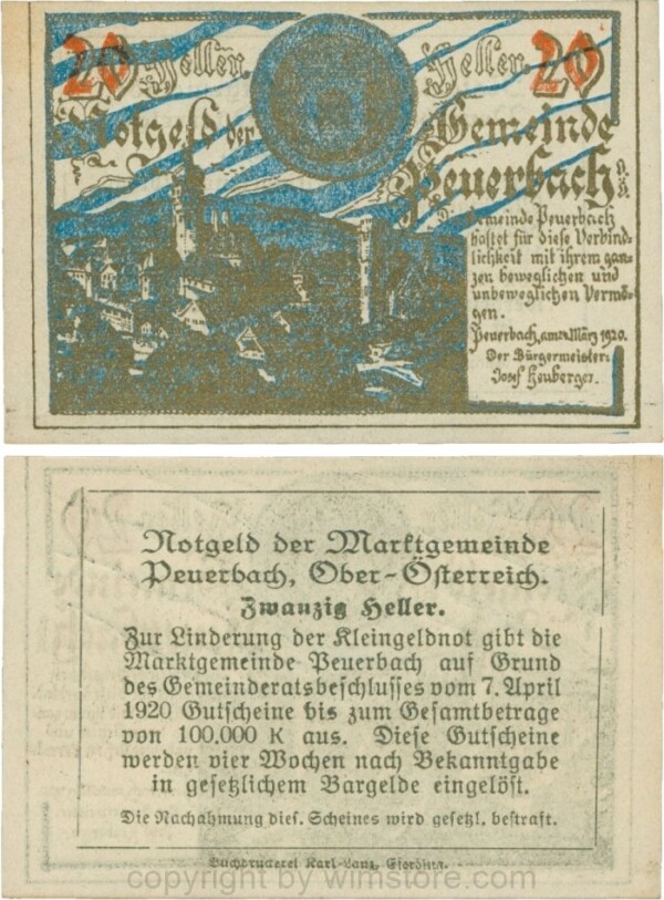 Peuerbach, G0741.1zb (bb), Marktgemeinde, 20 Heller, gold, Udr. blau, am Rahmen der Textseite kein Punkt vorhanden; 1-