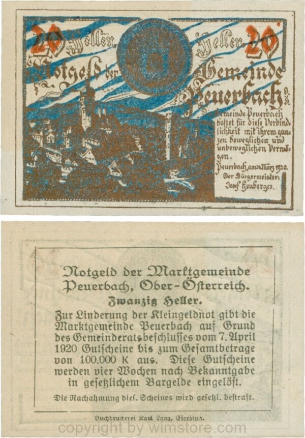 Peuerbach, G0741.1zc (cc), Marktgemeinde, 20 Heller, kupfer, Udr. blau, bei 1920 sind alle Ziffern gleichgroß, am Rahmen der Textseite kein Punkt vorhanden, Druck verschoben; 1-