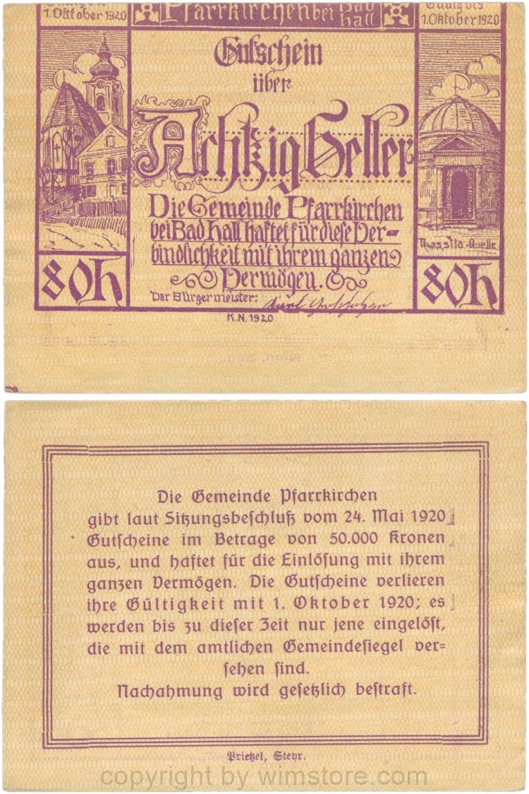 Pfarrkirchen bei Bad Hall, G743.1d, 80 Heller, Udr. 1, Dfa. 15 mm, Druck verschoben, 1-