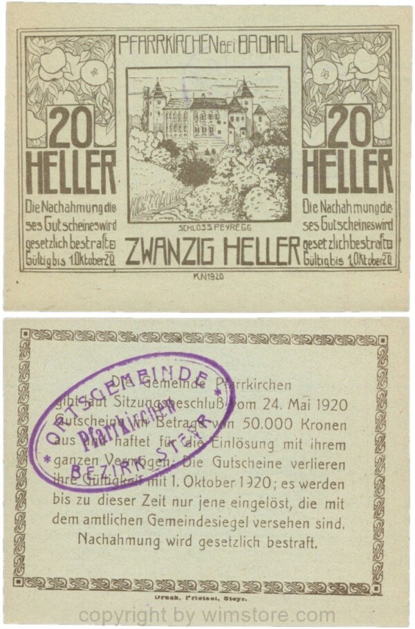 Pfarrkirchen bei Bad Hall, G743.1e, 20 Heller, Papier grün, mit Gemeindestempel, 1