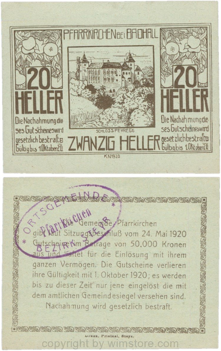 Pfarrkirchen bei Bad Hall, G743.1e, 20 Heller, Papier grün, mit Gemeindestempel, 1