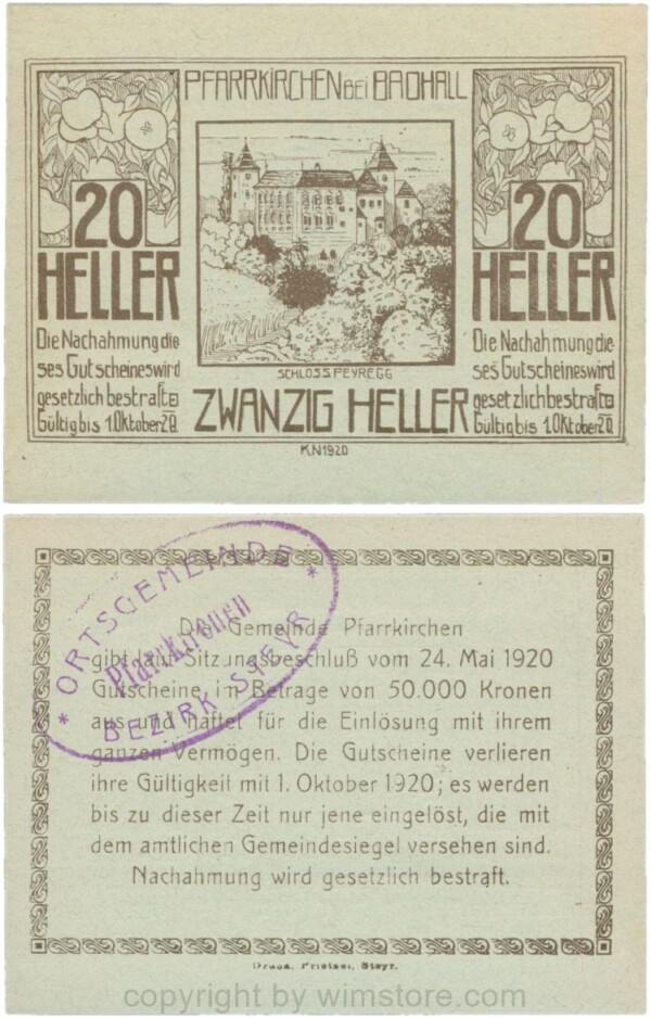 Pfarrkirchen bei Bad Hall, G743.1e, 20 Heller, Papier grün, mit Gemeindestempel, 1