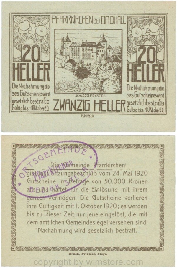 Pfarrkirchen bei Bad Hall, G743.1e, 20 Heller, Papier grün, mit Gemeindestempel, 1