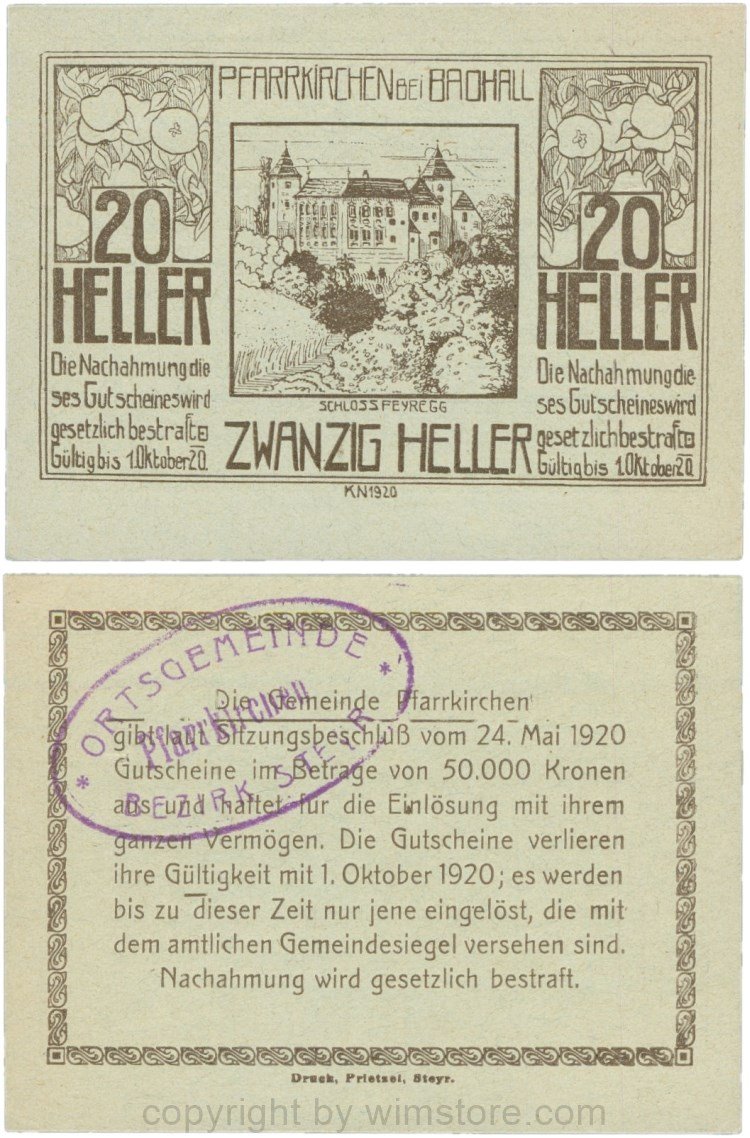 Pfarrkirchen bei Bad Hall, G743.1e, 20 Heller, Papier grün, mit Gemeindestempel, 1