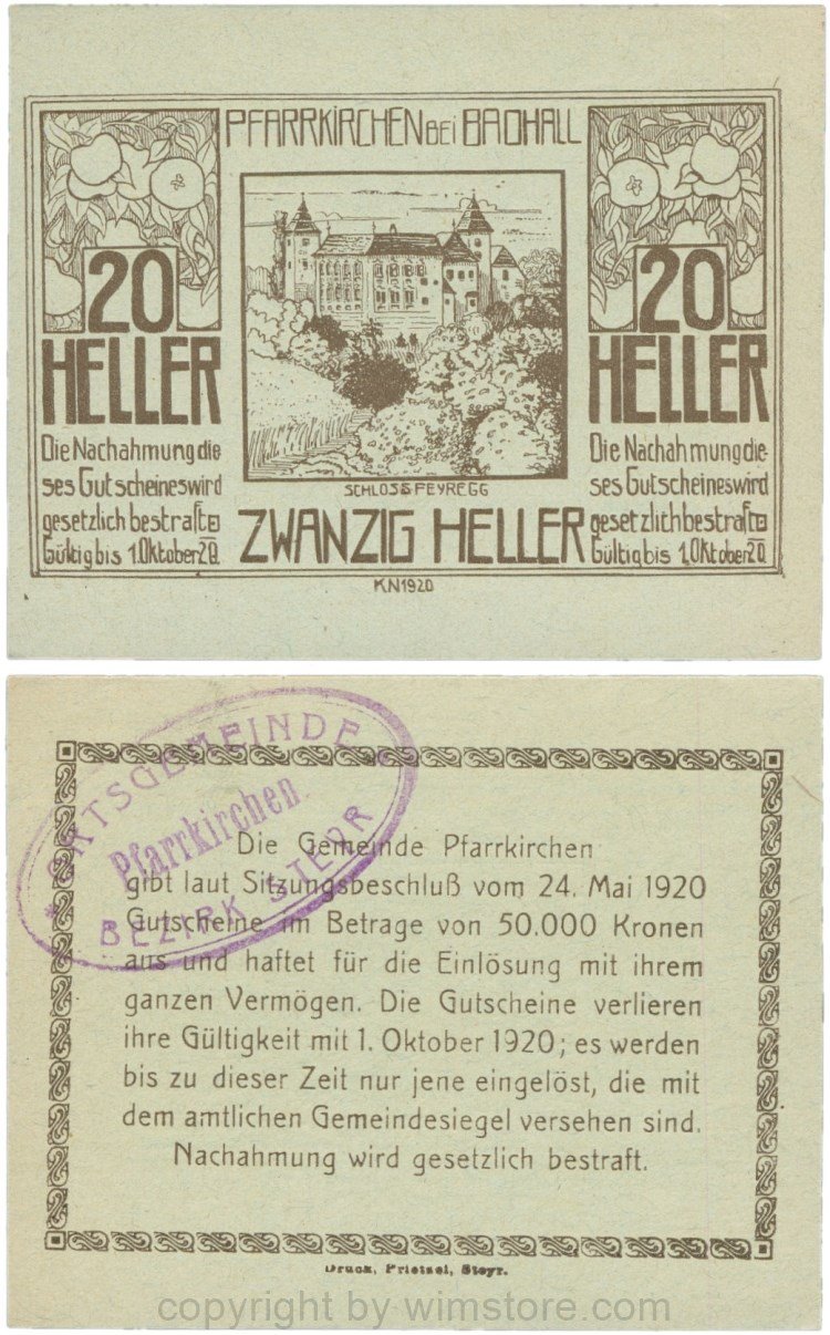 Pfarrkirchen bei Bad Hall, G743.1e, 20 Heller, Papier grün, mit Gemeindestempel, 1