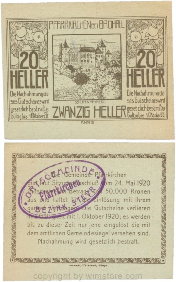 Pfarrkirchen bei Bad Hall, G743.1e, 20 Heller, Papier grün, mit Gemeindestempel, 1